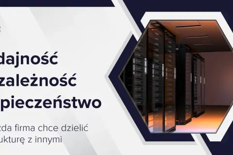 Wydajność, niezależność i bezpieczeństwo. Obraz serwerowni z serwerami w szafach rackowych, symbolizujący hosting dedykowany.