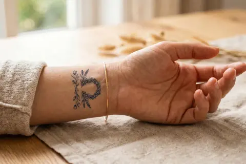 Ein zartes Blumen-Tattoo auf dem Handgelenk, das den Buchstaben "P" formt. Ein wirklich beste tattoo Idee für Naturliebhaber.