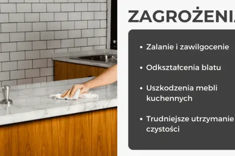 Ręka czyści marmurowy blat, pokazując, jak wykonać blat w kuchni, unikając zalania i uszkodzeń.
