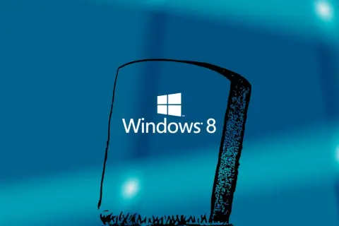 Logo Windows 8 na tle gradientu niebieskiego. Stylizowana, czarna ramka z ozdobnymi wzorami otacza logo.