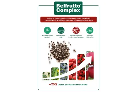 Belfrutto Complex: nawóz organiczno-mineralny z kwasami humusowymi. Zapewnia lepszą strukturę gleby i zwiększa pobieranie składników odżywczych o 25%.