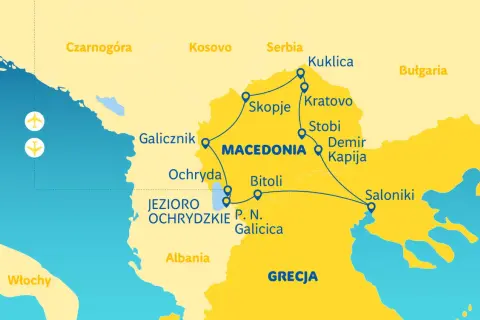 Mapa turystyczna Macedonii Zachodniej i okolic. Trasa obejmuje Skopje, Ochrydę, Bitolę, Saloniki.