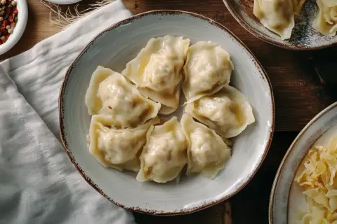 Talerz pełen pierogów z kapustą i grzybami, obok miseczka z przyprawami i kapustą kiszoną.