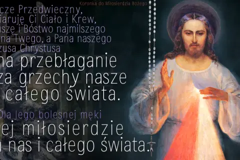 Szósty dzień nowenny do miłosierdzia bożego: modlitwa o przebłaganie za grzechy świata. Obraz Jezusa Miłosiernego z koralami.