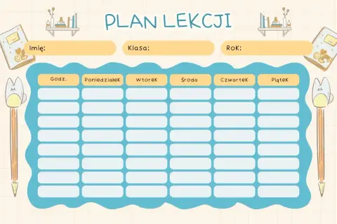 Uroczy plan lekcji z miejscem na imię, klasę i rok. Nowy przedmiot w szkole? Wpisz go tutaj!