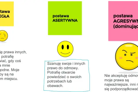 Postawa asertywna: szanuję swoje i innych prawo do odmowy, potrafię otwarcie powiedzieć o swoich potrzebach lub obawach.