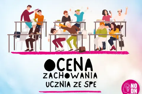 Uczniowie w klasie, jedni rozrabiają, inni jedzą. Tekst: OCENA ZACHOWANIA UCZNIA ZE SPE. Rozporządzenie w sprawie oceniania i klasyfikowania tekst jednolity.
