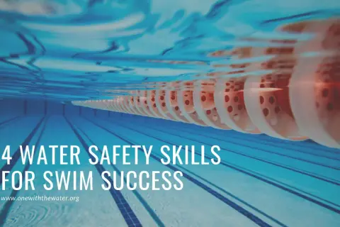 Underwater view of a swimming pool with lane lines and buoys. Text reads "4 WATER SAFETY SKILLS FOR SWIM SUCCESS." Learn to safe t swim.