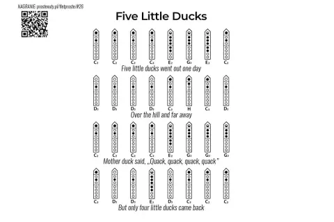 Instrukcja do łatwych piosenek na flet: "Five Little Ducks" z zapisem nutowym dla początkujących.