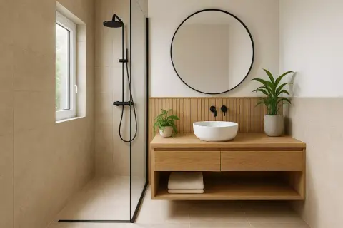 Douche moderne et meuble vasque en bois dans une petite salle de bain 3m2. Miroir rond et plantes vertes apportent une touche de fraîcheur.