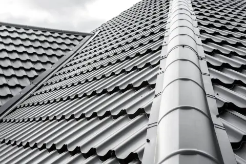 Szary dach z blachodachówki, która jest tańsza niż dachówka ceramiczna. Widoczny grzbiet dachu i jego nachylenie.