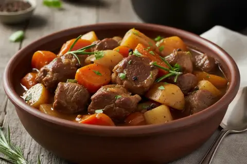 Un réconfortant ragoût d'agneau façon grand-mère, mijoté avec des carottes et des pommes de terre, garni de romarin frais.