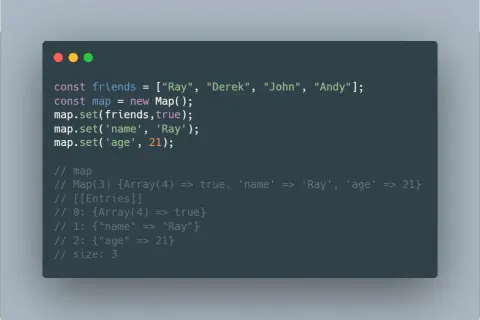 Exemple de code JavaScript montrant l'utilisation d'un `hashmap` (Map) pour stocker des données, associant un tableau à `true`, un nom à 'Ray' et un âge à 21.