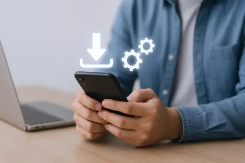 Mężczyzna trzyma smartfon, na którym widnieje ikona pobierania i kółka zębate, symbolizujące aktualizację iPhone'a.