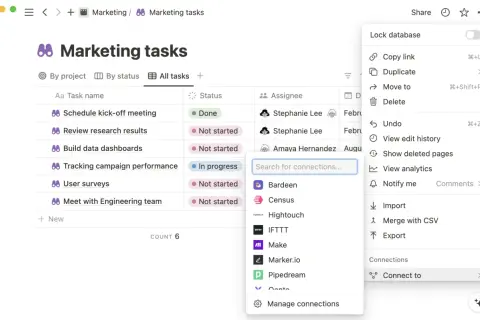 Interface Notion avec une liste de tâches marketing. Un menu contextuel affiche des options comme "Connect to" pour gérer les connexions, suggérant l'utilisation de la notion api.