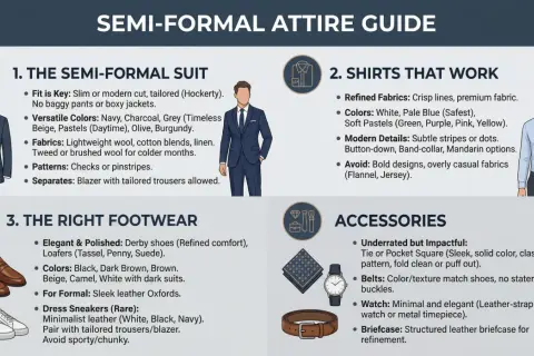 Guida all'abbigliamento semi-formale: abiti sartoriali, camicie raffinate, scarpe eleganti e accessori curati per un look impeccabile.