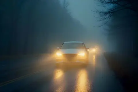 Voitures circulant dans le brouillard, leurs feux diurnes perçant la brume et illuminant la route mouillée par la pluie.
