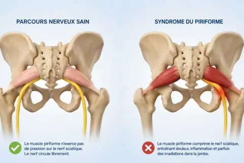 Comparaison anatomique : un muscle piriforme sain et un muscle piriforme contracturé comprimant le nerf sciatique, causant douleur et inflammation.