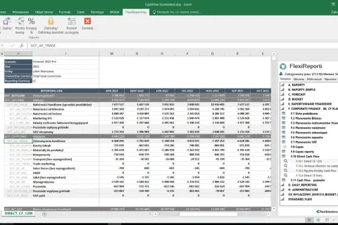 Raport finansowy z danymi o przepływach pieniężnych (cash flow) dla Lider Warszawa. Widoczne są wpływy i wypływy gotówki.