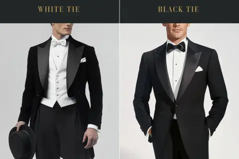 Uomo con frac e panciotto bianco, papillon bianco, cappello in mano. Eleganza per un evento "white tie".