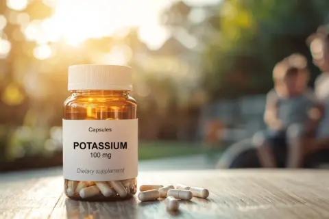 Butelka kapsułek POTASSIUM 100 mg. Czy cytrynian potasu jest szkodliwy? W tle ojciec z dzieckiem.