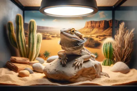 Agama brodata siedząca na kamieniu w piaskowym terrarium z kaktusami i pustynnym tłem.