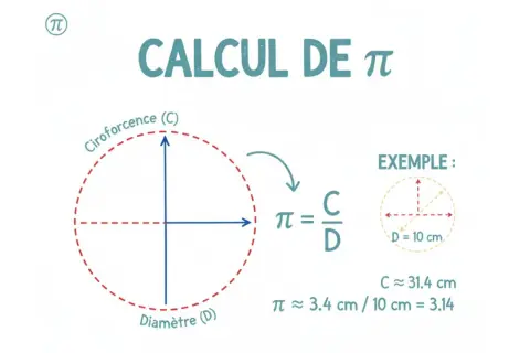 Calcul de π : le rapport entre la circonférence (C) et le diamètre (D) d'un cercle. Exemple : C ≈ 31.4 cm pour D = 10 cm, donc π ≈ 3.14.