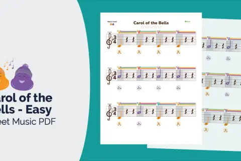 Nuty literowe "Carol of the Bells" w łatwej wersji. Kolorowe nuty i akordy na pięciolinii.