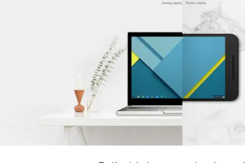Dostęp do pulpitu zdalnego na laptopie i tablecie, z ikoną "splashtop" w tle.