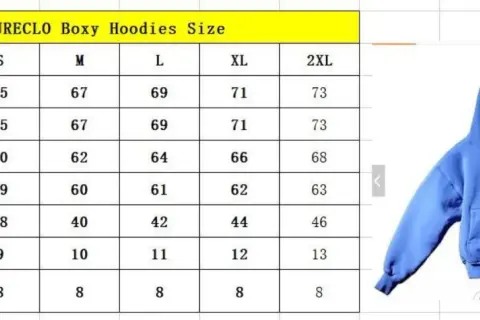 Tabela rozmiarów QYOURECLO Boxy Hoodies. Sprawdź wymiary od S do 2XL, aby wybrać idealny rozmiar bluzy.