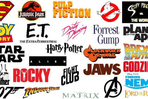 A collage of iconic movie logos, including Superman, Jurassic Park, Pulp Fiction, Ghostbusters, Scott Pilgrim vs. the World, Toy Story, Dirty Dancing, Forrest Gump, Planet of the Apes, A Clockwork Orange, Back to the Future, Alien, Rocky, Jaws, Godzill...