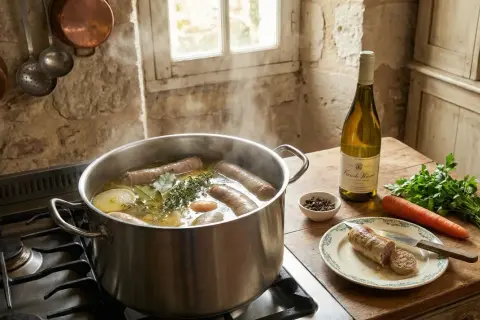 Une andouillette rotie, prête à être dégustée, mijote dans une cocotte avec des aromates. Une bouteille de vin blanc et des légumes complètent la scène.