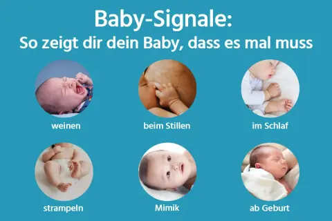 Baby-Signale: Ein Baby strampelt viel, weint, zeigt Mimik, schläft oder ist beim Stillen. So zeigt es, dass es mal muss.