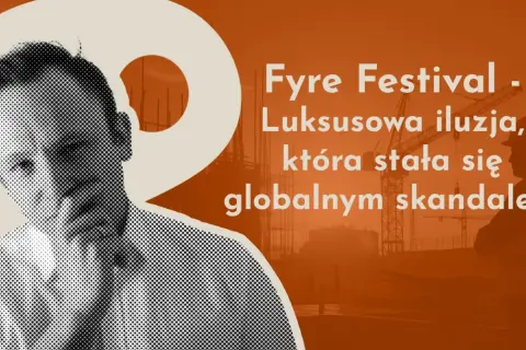 Fyre Festival - luksusowa iluzja, która stała się globalnym skandalem. Czarno-biały portret mężczyzny na tle budowy i żurawi.