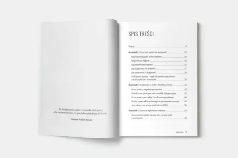 Spis treści książki o autyzmie. Rozdziały omawiają spektrum autyzmu, diagnozę, aspekty prawne i neuroróżnorodność.