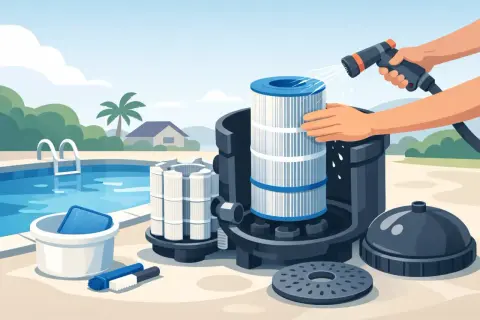 A person demonstrates how to clean a pool filter by spraying it with water. Pool, filter cartridges, brushes, and a cleaning bucket are visible.