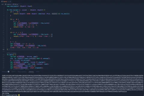 Code Rust implémentant la suite de Fibonacci avec `num_bigint`. Le code utilise une approche récursive pour calculer les nombres de Fibonacci.