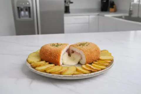 Un delicioso cordon bleu de pollo, cortado por la mitad, con queso fundido desbordándose, servido con patatas fritas en rodajas.