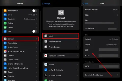 Sprawdzanie IMEI iPhone: Ustawienia > Ogólne > To urządzenie. Widoczny numer IMEI.