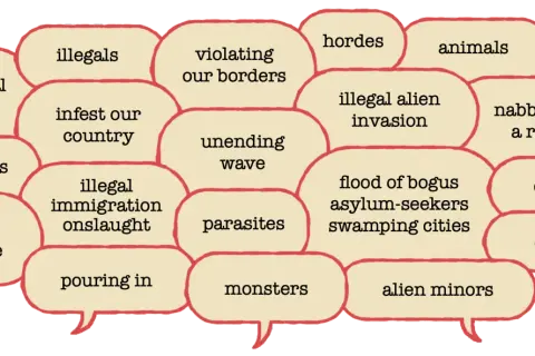 Dymki z negatywnymi określeniami dotyczącymi imigrantów, np. "illegals", "monsters".