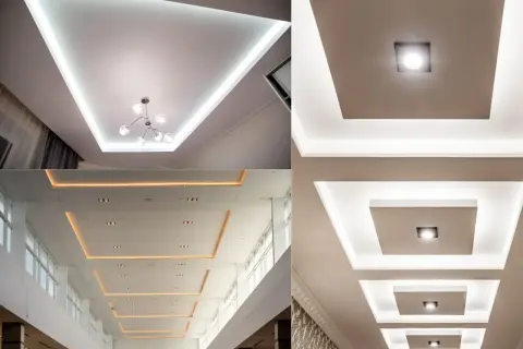 Nowoczesne sufity podwieszane z ukrytym paskiem LED, tworzące eleganckie oświetlenie.