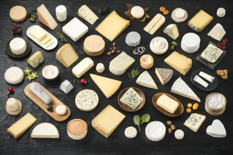 Un assortiment de fromages variés, évoquant la richesse de la région Salers, est présenté sur un fond sombre.