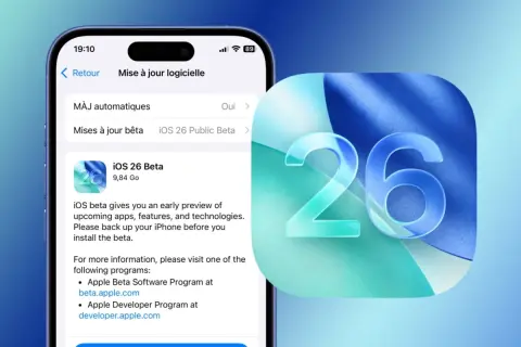 Ekran iPhone'a z opcją pobrania iOS 26 Beta. Obok duży znak "26" na niebieskim tle.