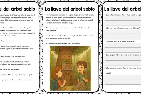 Fichas de comprensión lectora para imprimir: "La llave del árbol sabio". Clara y Hugo descubren un árbol mágico.