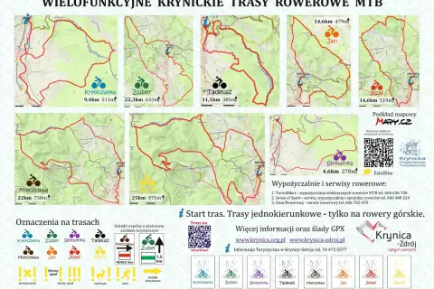 Mapy krynickich tras rowerowych: Kryniczanka, Zuber, Słotwinka, Tadeusz, Mieczysław, Jan, Józef, Karol. Idealne dla miłośników MTB.
