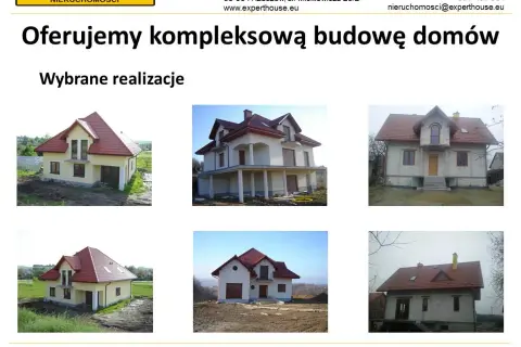 Sześć zdjęć domów w różnym stanie budowy, z logo "Expert House Nieruchomości".