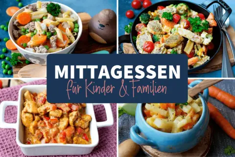 Vier leckere Gerichte, die sich perfekt für kinder rezepte eignen: Nudeln mit Hackfleisch, gebratene Wurst mit Gemüse, Hähnchen-Curry und Kartoffel-Karotten-Eintopf.