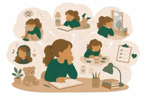 En flicka med adhd upplever olika tankar och känslor: oro, musik, läsning, pussel, en checklista och att titta ut genom fönstret.