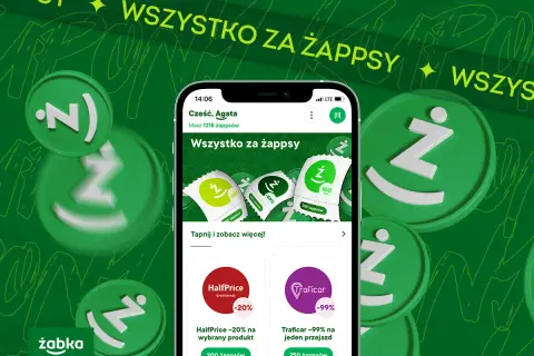 Grafika przedstawia smartfon z aplikacją Żappka, monety z logo Ż i promocje.