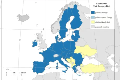 Mapa Europy z zaznaczonymi krajami UE. Czy Bułgaria jest w Unii Europejskiej? Tak, jest zaznaczona na niebiesko.